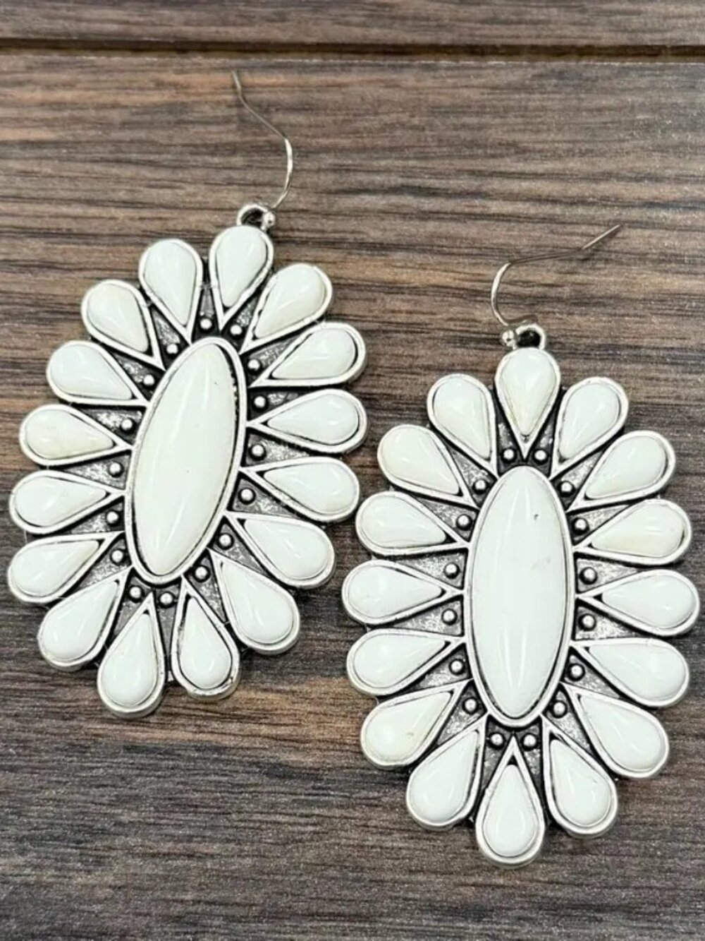 Western White Concho Earrings Silver Boho Cowgirl Rodeo Statement Jewelry